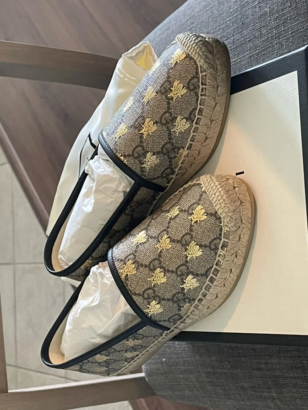Gucci Brown Canvas Espadrilles with Gold Bee Detail